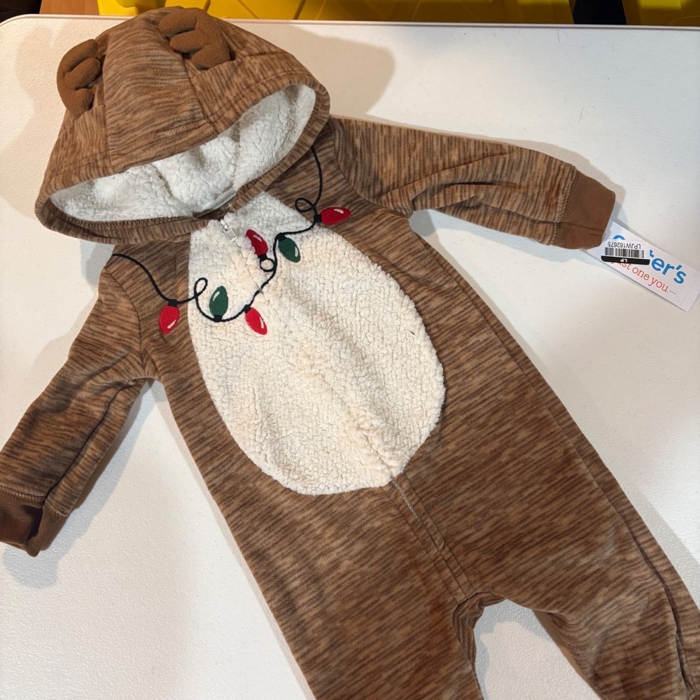 Carters Baby Reindeer Fleece Hooded Jumpsuit‎ Brown Christmas Pajamas 6M NWT